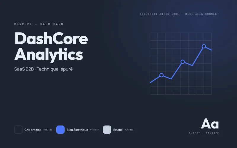 Art direction board for the DashCore Analytics concept: slate grey, electric blue and mist palette, Outfit and Manrope typefaces