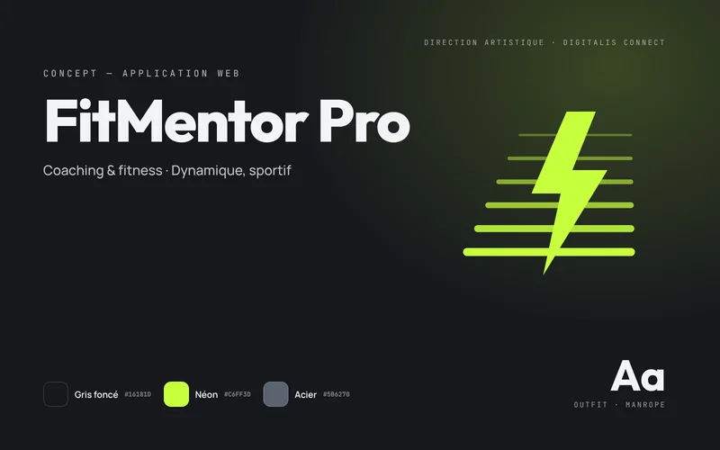 Art direction board for the FitMentor Pro concept: dark grey, neon and steel palette, Outfit and Manrope typefaces