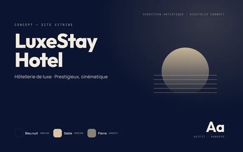 Art direction board for the LuxeStay Hotel concept: midnight blue, sand and stone palette, Outfit and Manrope typefaces