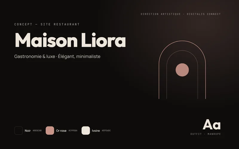 Art direction board for the Maison Liora concept: black, rose gold and ivory palette, Outfit and Manrope typefaces