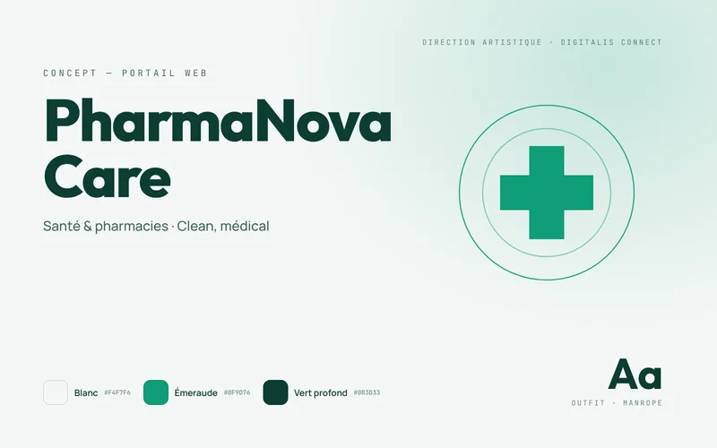 Art direction board for the PharmaNova Care concept: white, emerald and deep green palette, Outfit and Manrope typefaces