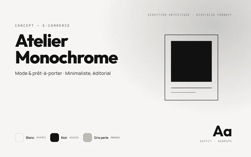 Art direction board for the Atelier Monochrome concept: white, black and pearl grey palette, Outfit and Manrope typefaces