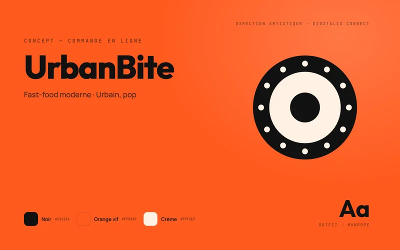 Art direction board for the UrbanBite concept: black, bright orange and cream palette, Outfit and Manrope typefaces