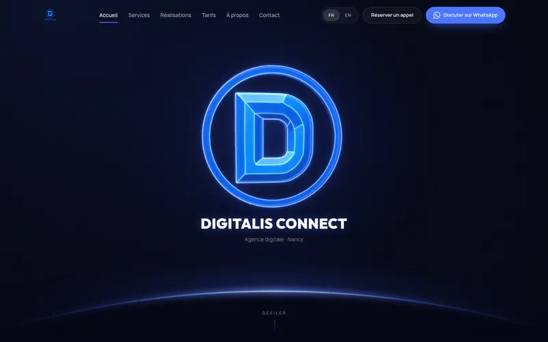 Digitalis Connect home page on desktop: blue glass logo and the agency’s signature