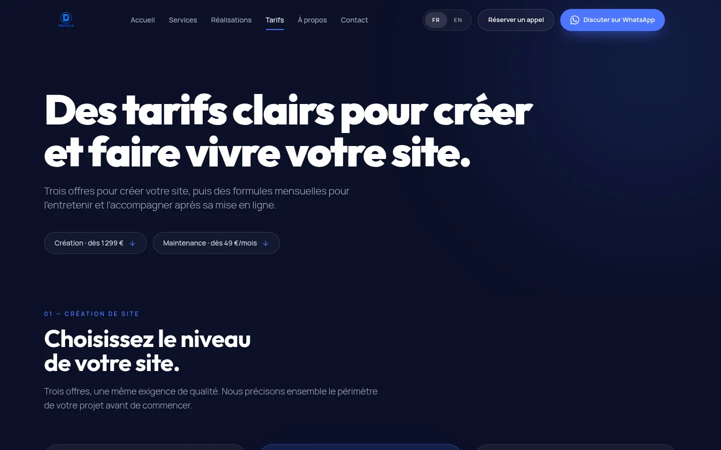 Page Tarifs de Digitalis Connect : création de site dès 1 299 € et maintenance dès 49 €/mois