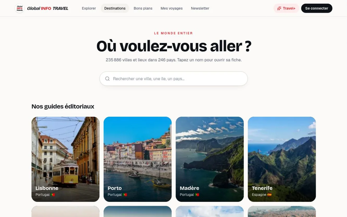 Page Destinations de Global Info Travel : recherche d'une ville, d'une île ou d'un pays, puis guides éditoriaux de Lisbonne, Porto, Madère et Tenerife