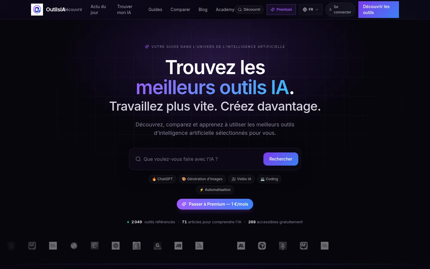 Page d'accueil d'OutilsIA, plateforme de référencement des outils IA réalisée par Digitalis Connect