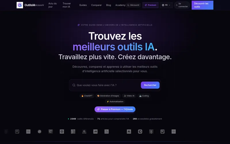 Home page of the OutilsIA website, on desktop