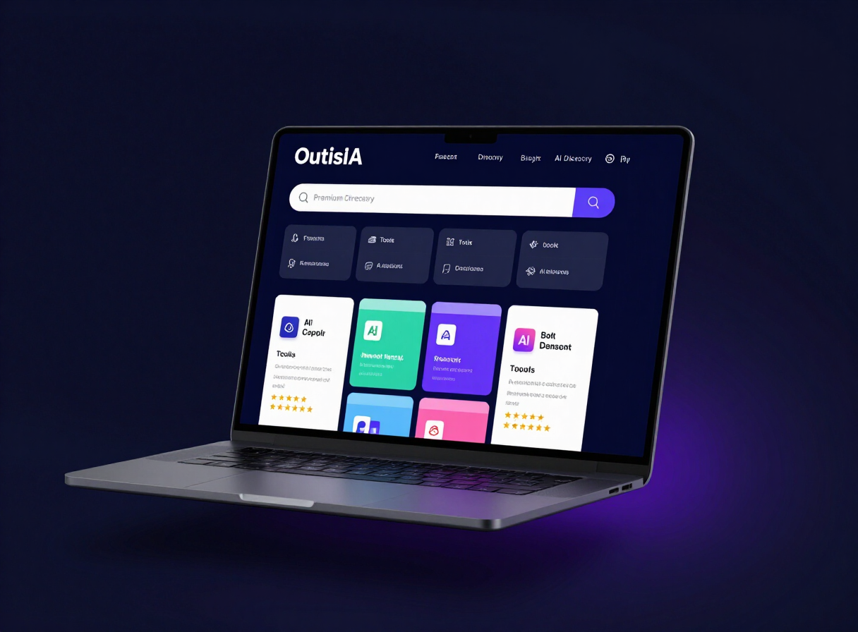 OutilsIA home page mockup with search bar and AI tools grid